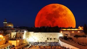 Blood red moon over Jerusalem.